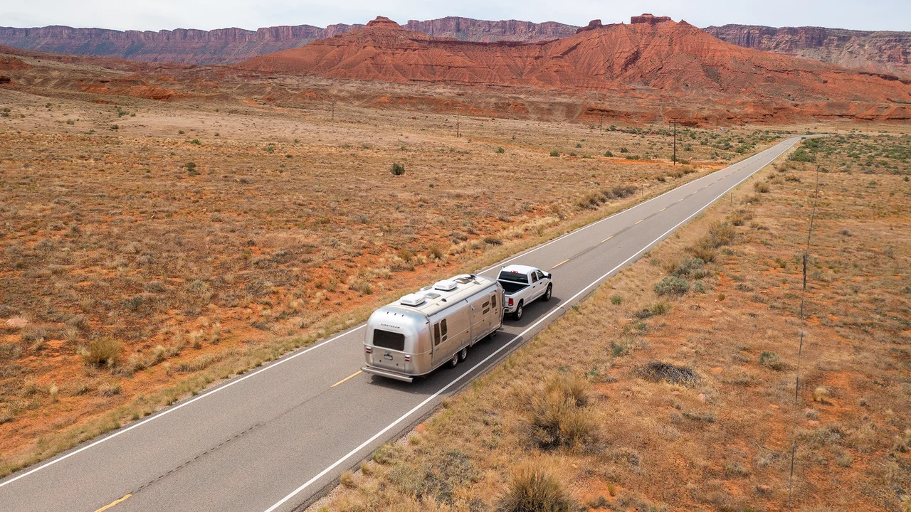 RV travelling through desert