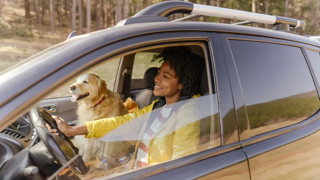 Girl driving with dog in the passenger seat