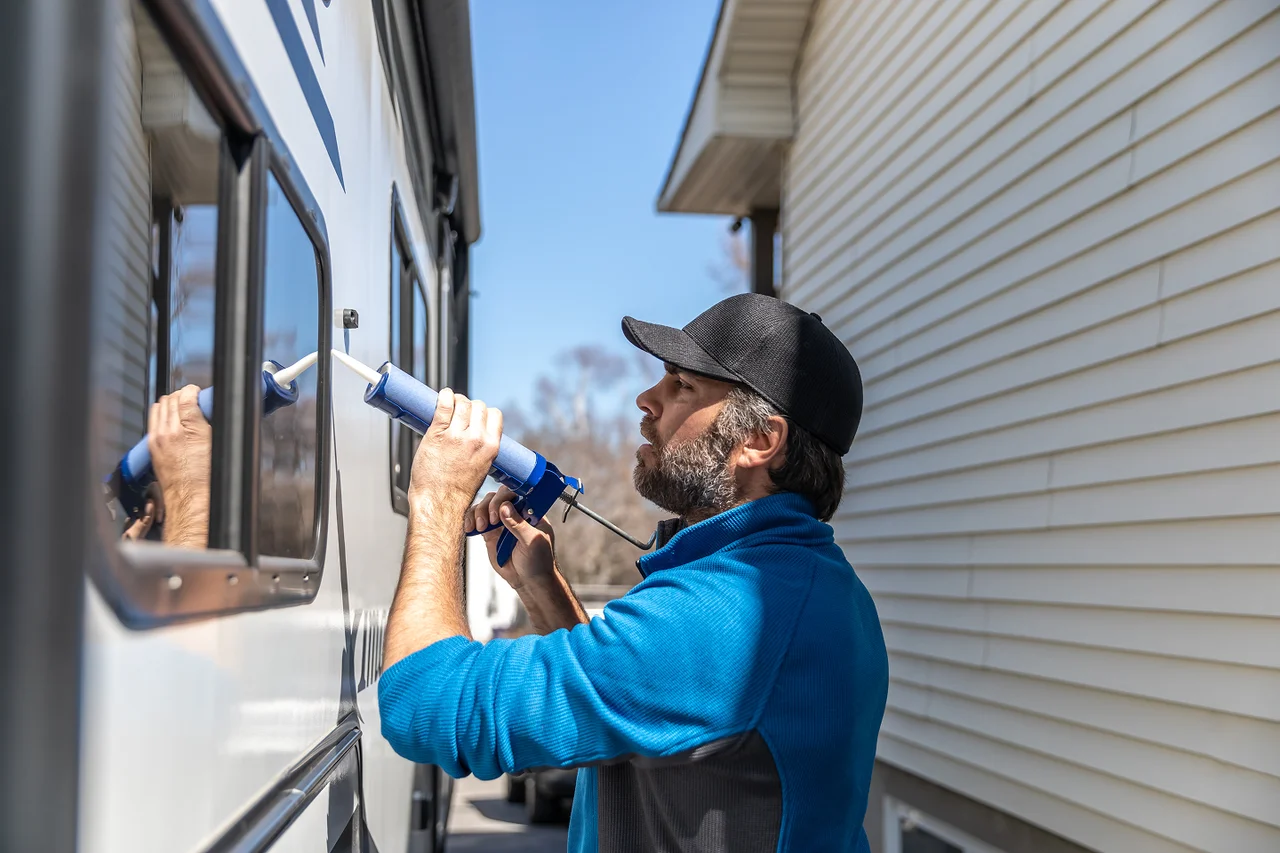 Person applying sealant around an RV window during exterior maintenance.