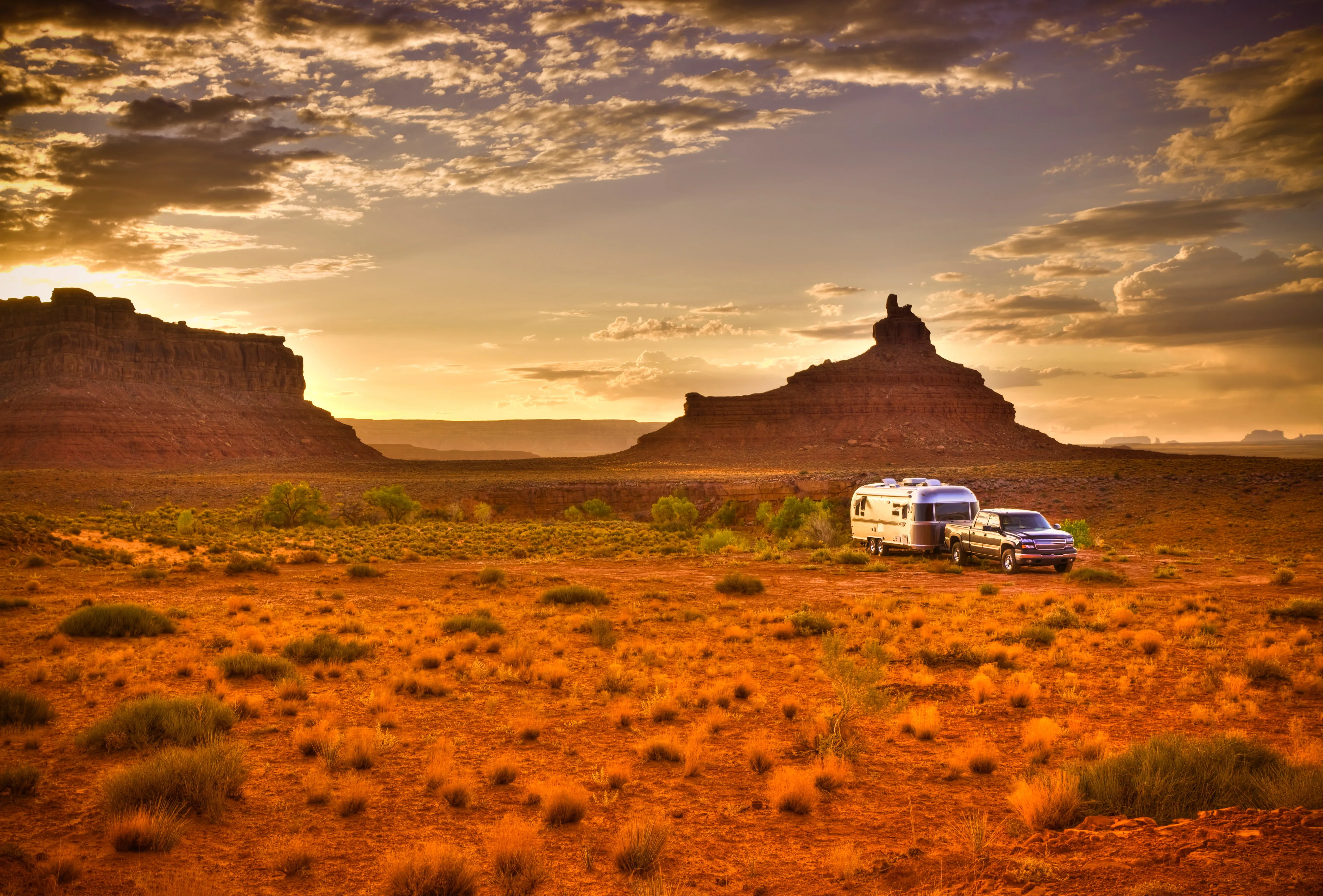 RV in the middle of the desert camping