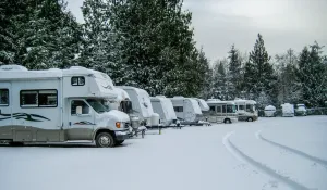 RVs and travel trailers covered in snow stored in a lot with evergreen trees in the background. 