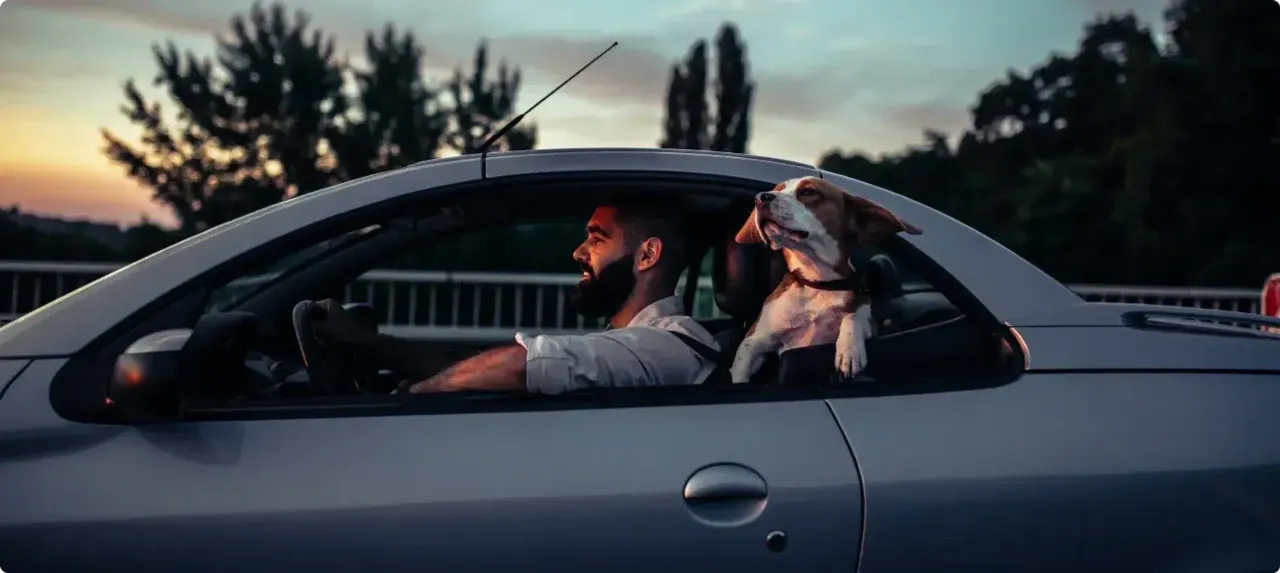 A man driving a card with his window rolled down. In the seat behind him, his dog leans his head out the window to feel the wind.