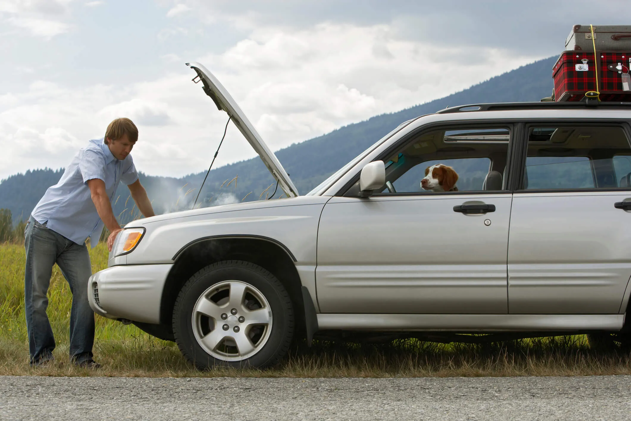 Man inspecting the steaming open hood of a silver SUV on a roadside, with his dog watching from the window.